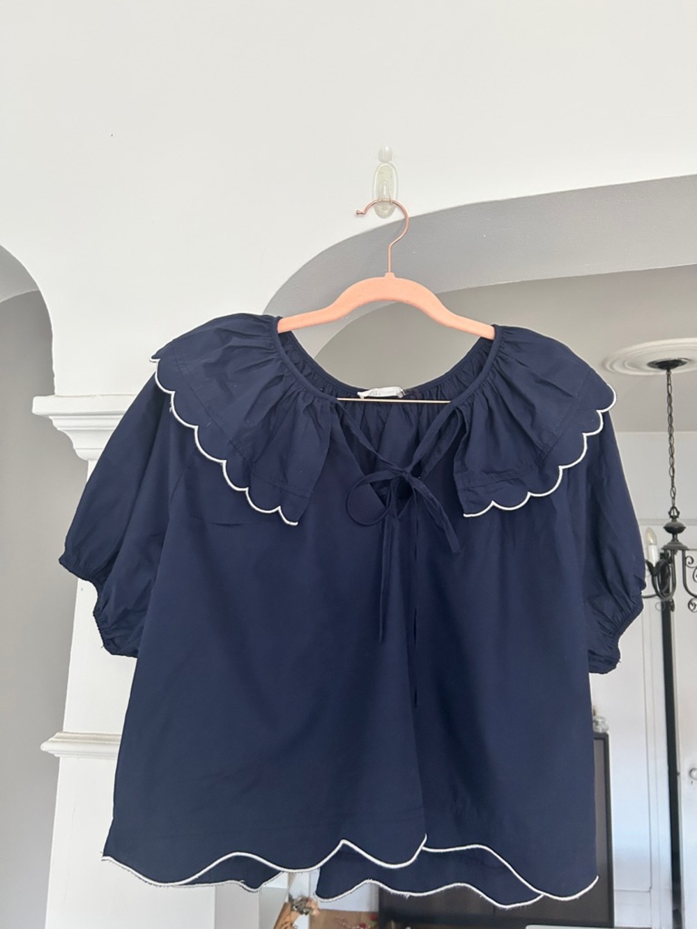 Navy Scallop-Edge Tie-Front Blouse